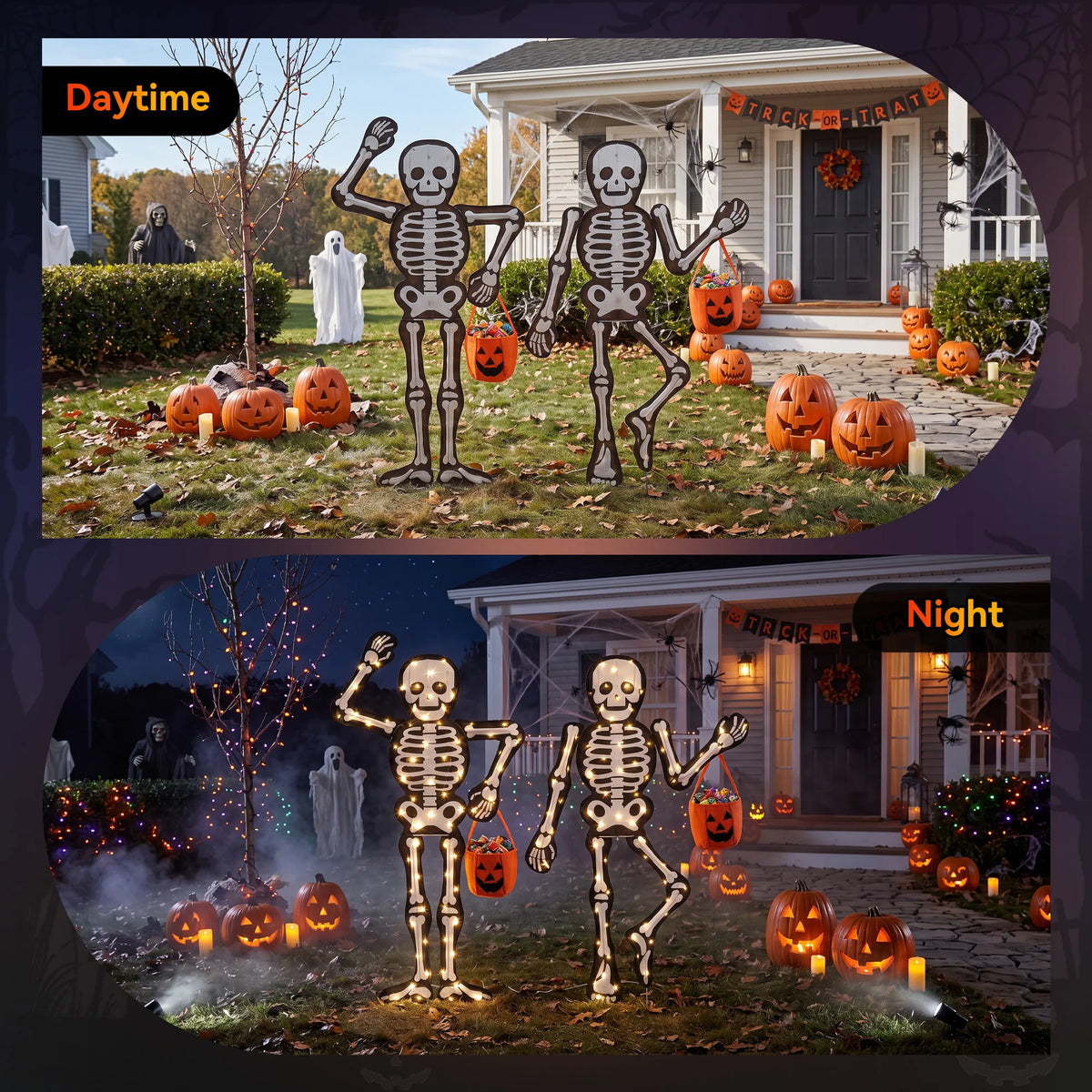 45" H 2-Piece Skeleton Lights Set 2.5D Outdoor Halloween Decorations