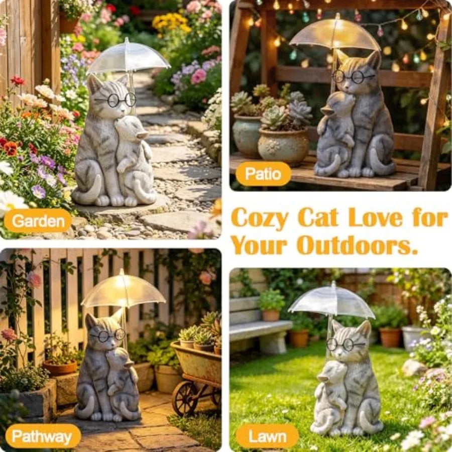 Solar Cat Statue Garden Decor, Mother and Baby Kitten with Umbrella LED Light, Loving Cat Figurines Yard Decorations Outdoor fo