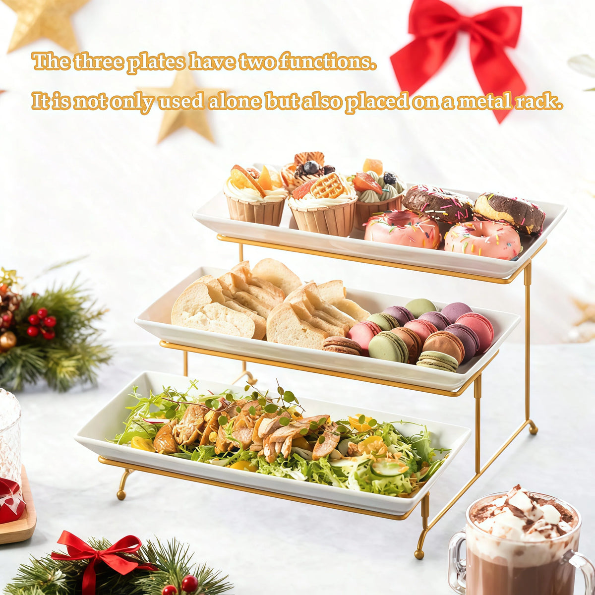1PCSGolden 3-Tier Cupcake Stand, Foldable Metal Display Rack With 3 Plastic Trays, Multi-Purpose Dessert Snack Serving Tray, Table Decor For Wedding Party Family Gathering, Holiday Party Supplies For Christmas Thanksgiving Ea