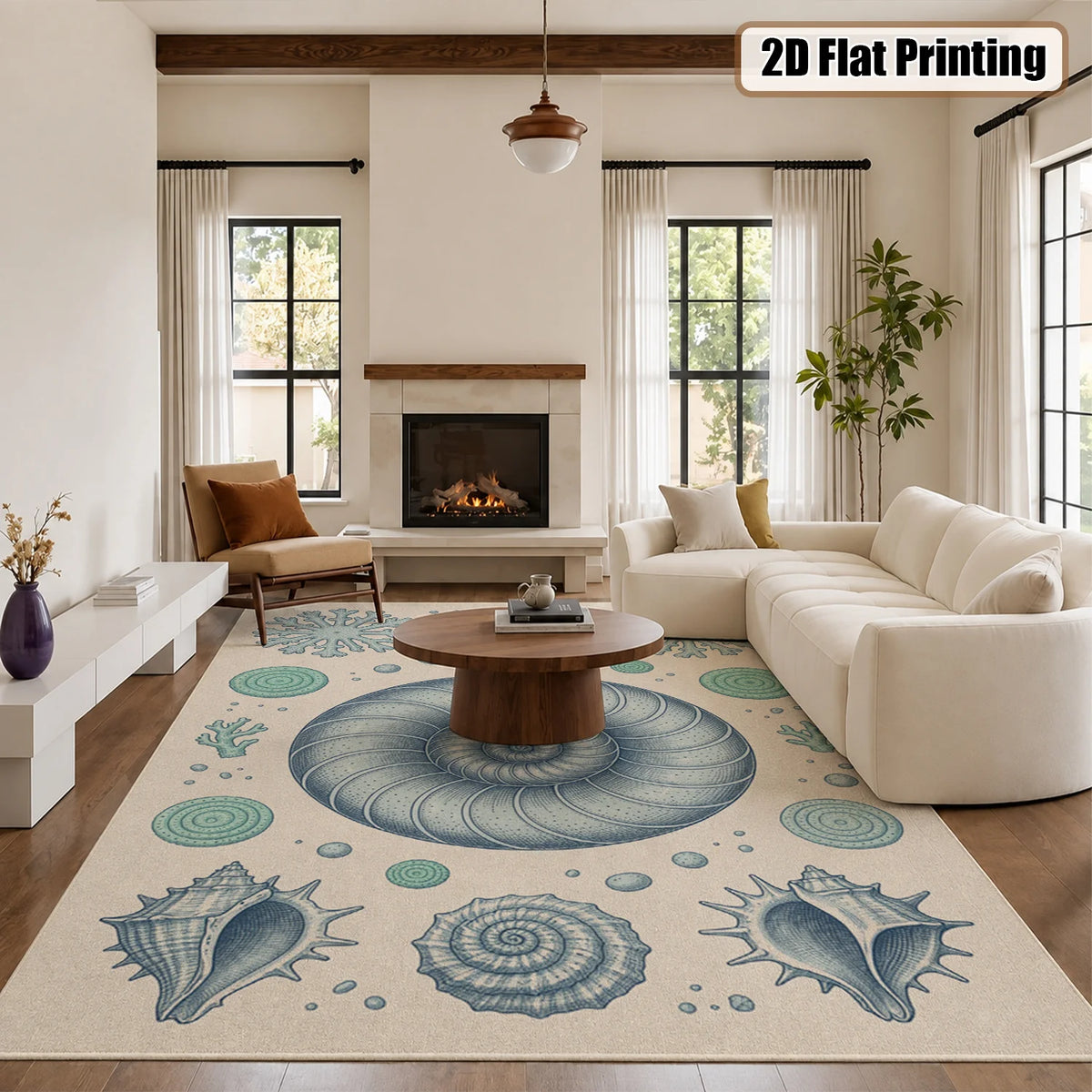Coastal Seashell Nautilus Coral Pattern Velvet Area Rug, Machine Washable Soft Floor Mat for Living Room Bedroom Dining Room Entryway, Perfect for Halloween Thanksgiving Christmas New Year Home Decor