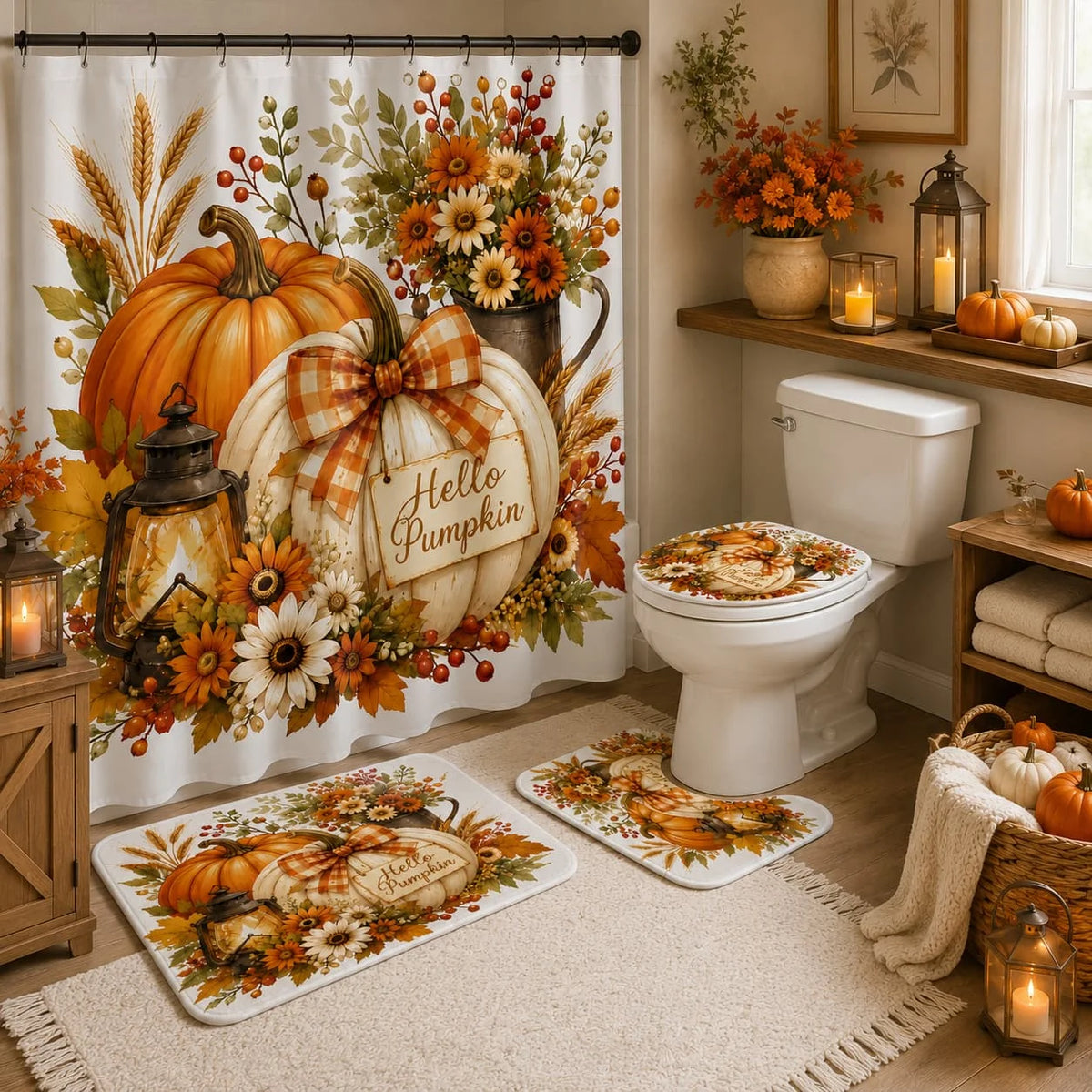 [Thanksgiving] 2D Flat, 2D Flat 4pcs Autumn Harvest Thanksgiving Pumpkin Shower Curtain Set for Bathroom Decoration (2 X 1 X Toilet Lid Cover 1 X Shower Curtain)