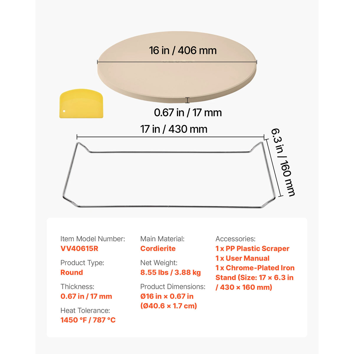 SucceBuy Pizza Stone 15 in Round 0.67 in Cordierite Baking Stone With Metal Peel Scraper 1450℉ Heat Resistant For Kitchen Oven