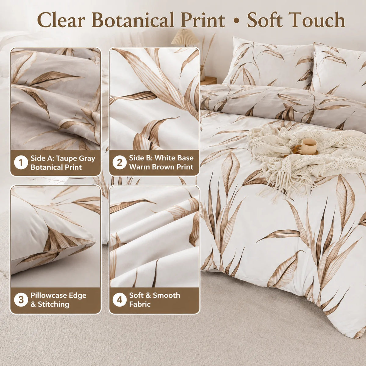 3Pcs Reversible Duvet Cover Set Brown Leaf Botanical Bedding Set Soft Boho Bed Cover with Pillowcases Queen King Twin Full
