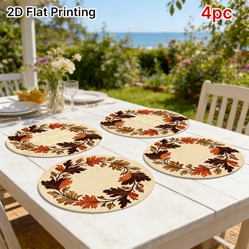 Set of 6 Round Placemats with Wooden Autumn Leaf Wreath, Non-slip Design, Ideal for Minimalist Table Decor, Suitable for Hotels, Restaurants, Festivals, Parties or Family Gatherings