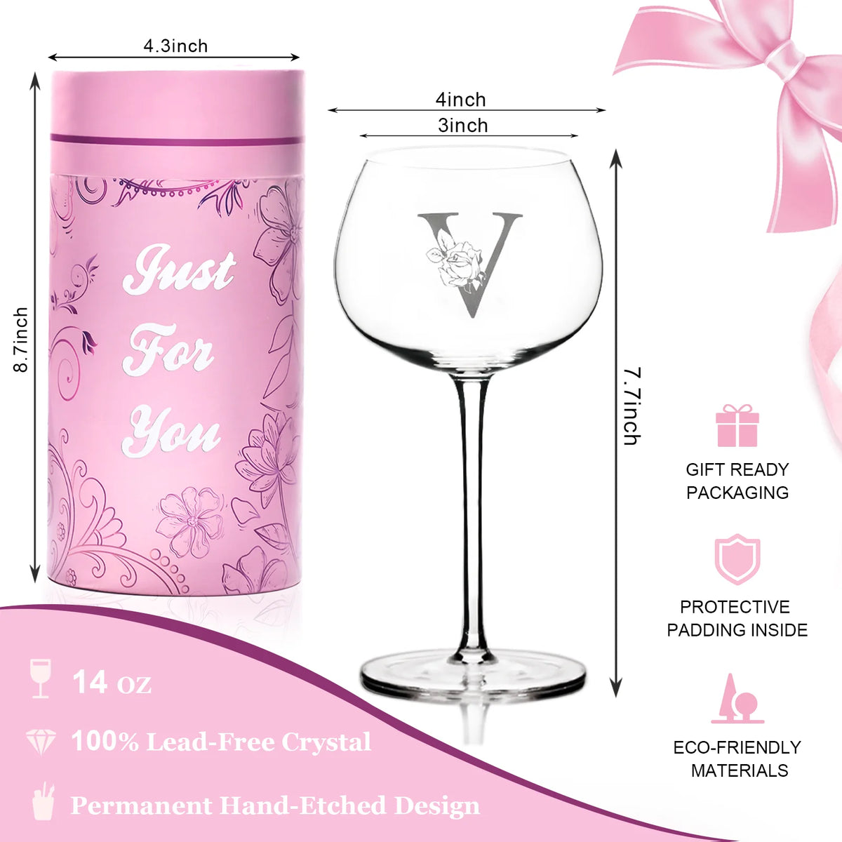 Personalized Wine Glasses Gifts for Women,Monogrammed Customized A-Z Initial Wine Gift for Women,Birthday Christmas Valentines Day gifts for Mom,Wife,Best Friend,Sister,Unique Gifts with Box And Greeting Card(Letter V)
