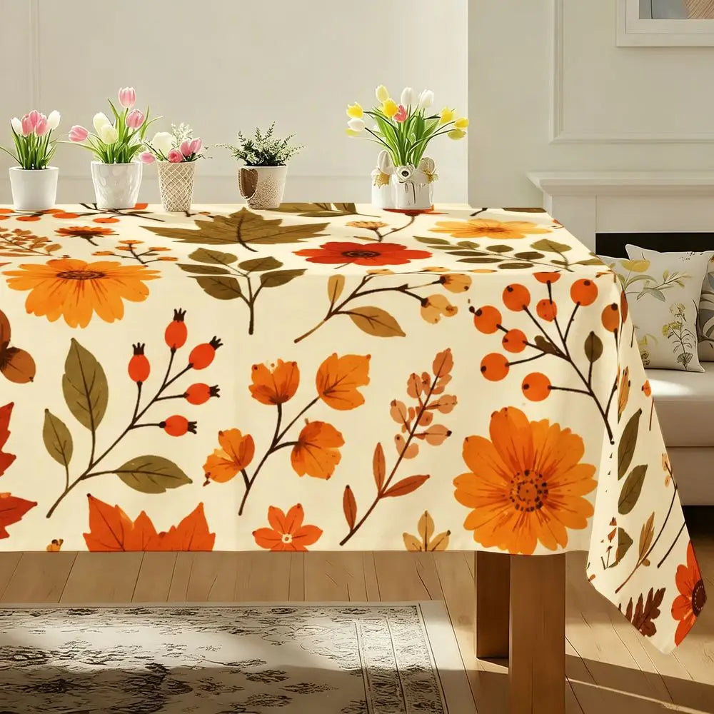 Autumn Harvest Theme Rectangular Tablecloth, Cream Base with Fall Leaves And Berry Print, Durable Fabric for Thanksgiving Dining, Farmhouse Style Table Decor