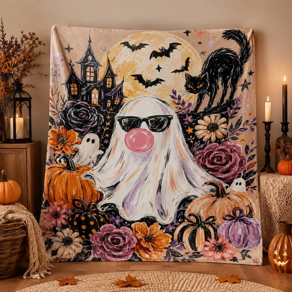 Ghost Blowing Bubble Gum Blanket, Cute Halloween Blanket, Girly Haunted House Throw, Brushstroke Floral Fall Blanket, Spooky Gift