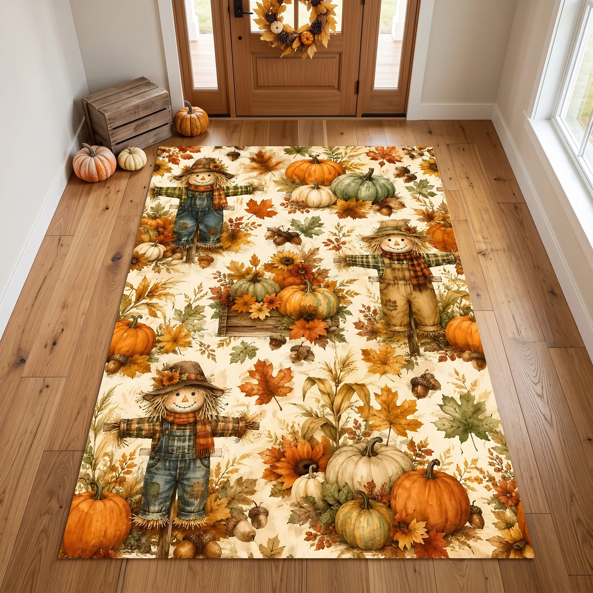 Scarecrow, Pumpkin, Autumn Maple Print, American Retro Style, Living Room, Entryway, Bedroom, Autumn and Winter Velvet Rug Creates a Warm Autumn Harvest Atmosphere