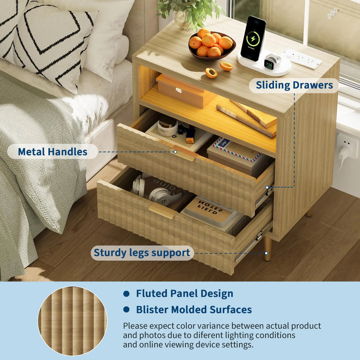 HiMISS LED Nightstand With Charging Station Drawers And Open Shelf