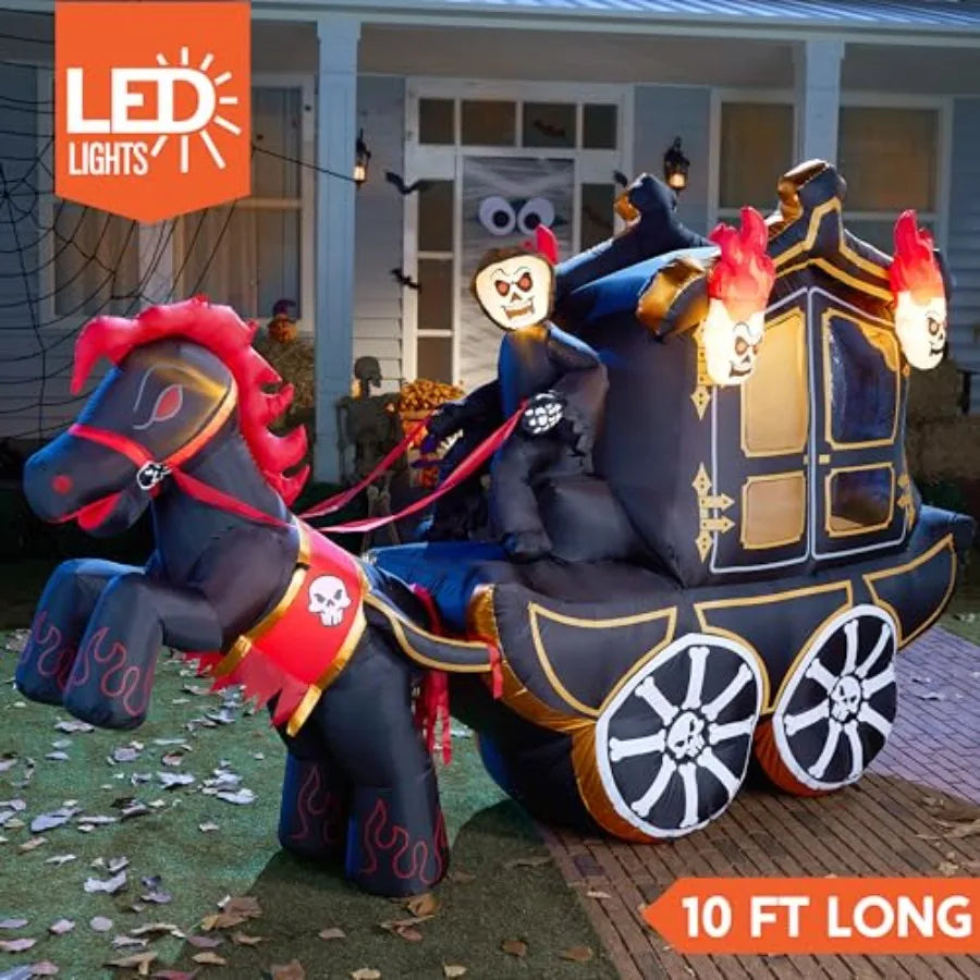 Outdoor Halloween inflatable carriage decoration, PVC material, black and red, 10 ft long with built-in LEDs and hellfire desig