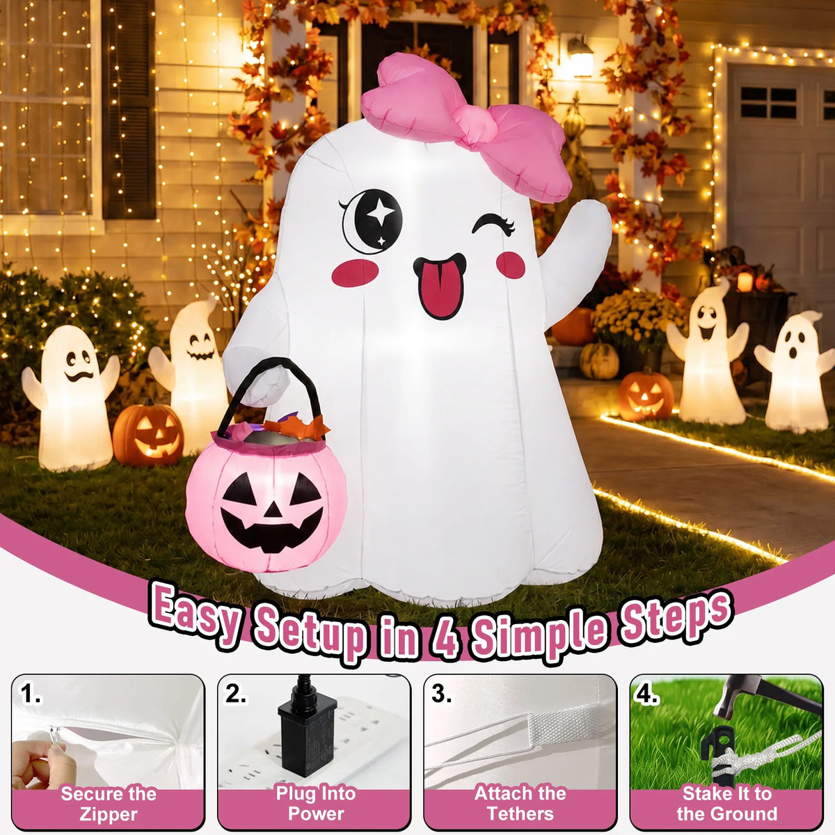 Halloween 5ft Inflatable Cute Ghost Decor with Pink Bow - Indoor/Outdoor Party, Store, and Event Venue Decoration