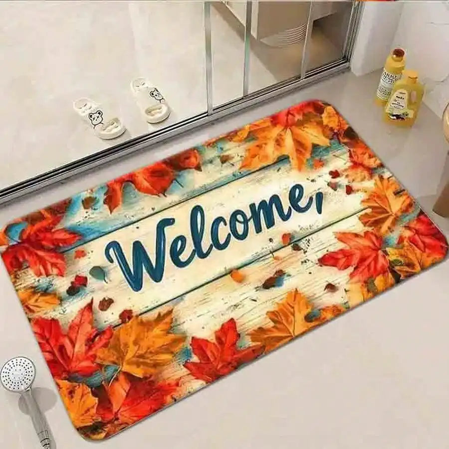1pc Flannel Floor MatRustic Distressed Wooden Welcome Doormat With Vibrant Autumn Maple Leaves Fall Harvest Decorative Floor MatNon-Slip, Machine Washable, Soft