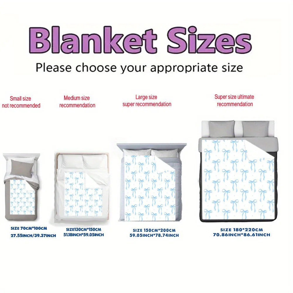 1pc Flannel Blanket, Blue Bow Pattern - Exquisite Design, Suitable for All Seasons for Naps, Office, Sofa, Car - Excellent Gift Choice, Durable Edges, Fun Shape, Small Throw Blanket