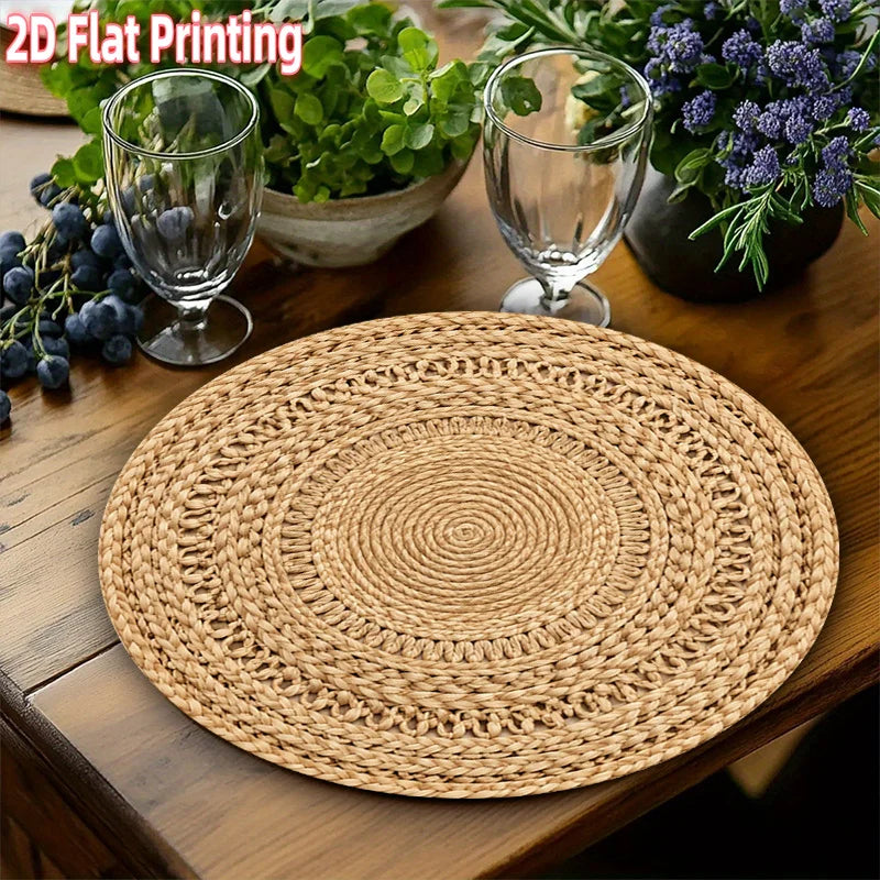 4-Pack Natural Fiber Round Placemats, Suitable for Parties and Gatherings. The table mats feature a woven natural fiber design with machine-washable fabric, ideal for decorative table settings, dining tables and Christmas dec