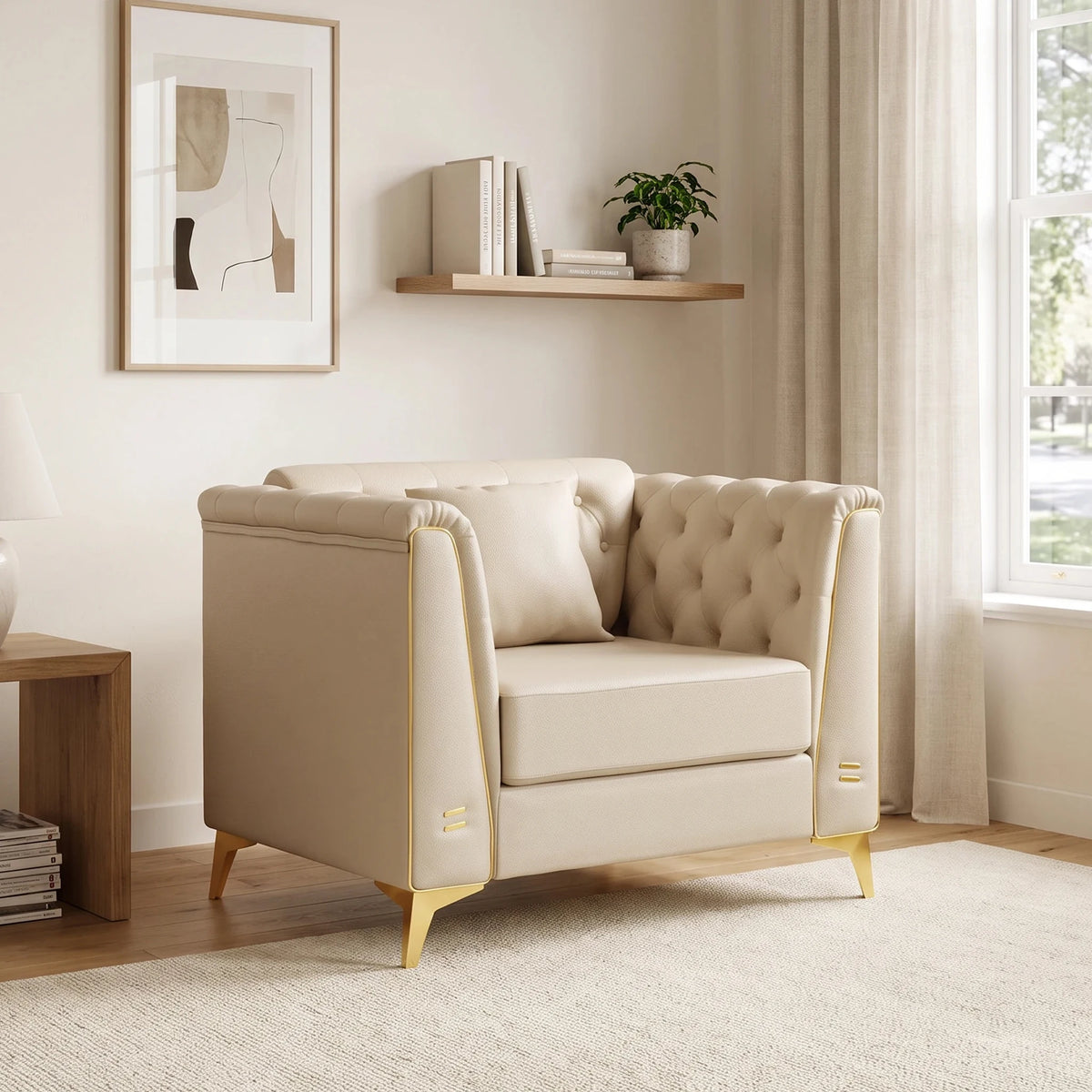 40.1" Light Luxury 1-Seater Chesterfield Style Sofa Faux Leather Upholstered Single Sofa Chair Armchair with Handmade Button Tufted Backrest Metal Trim Armrests & Slim Metal Legs Comfortable Thick Seat Cushion Accent Furnitur
