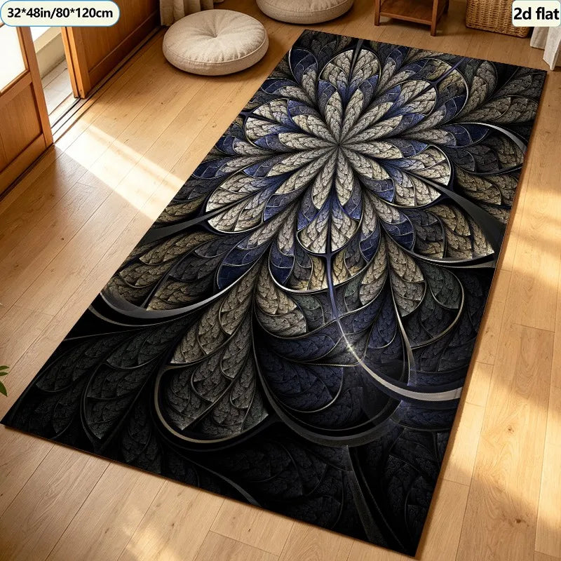 Dark Luxury Fractal Floral Carpet Flooring, Abstract Mandala Swirl Art Area Rug Anti-Slip Floor Mat for Office Villa Living Room Home Decoration
