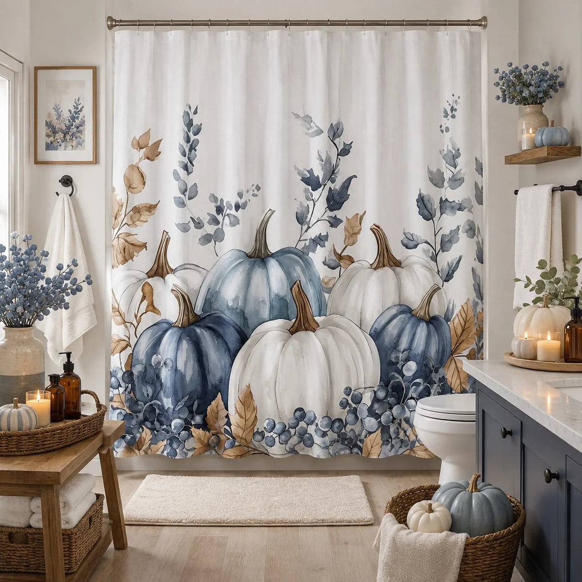 2D Flat, 1pc 2D Flat Shower Curtain, Halloween Pumpkin Creative Blue And White Pumpkin And Autumn Leaf Pattern Adds Fun And a Sense of Season.Bathroom Decoration Fabric Includes 12 Hooks