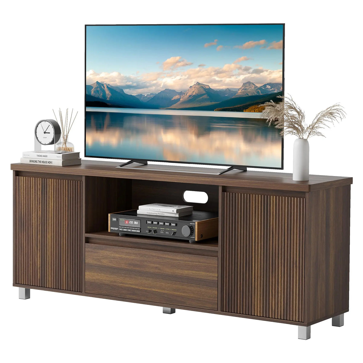 Modern TV Stand For TVs Up To 70 Inch, Media Console With Fluted Door Cabinets, Drawer, Open Shelves, Cable Management Cabinet