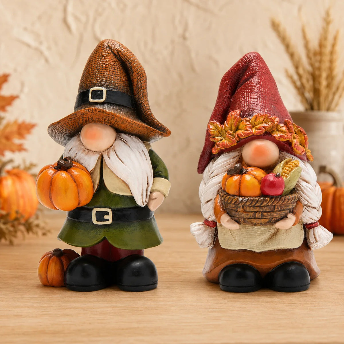 Hodao Resin Fall Gnome Figurine Set, 2-Piece Thanksgiving Gnome Figure Model with Pumpkin, Harvest Basket, Autumn Leaves and White Beard, Collectible Tabletop Shelf Sitter Decor for Fireplace Mantel Tiered Tray Home Display,