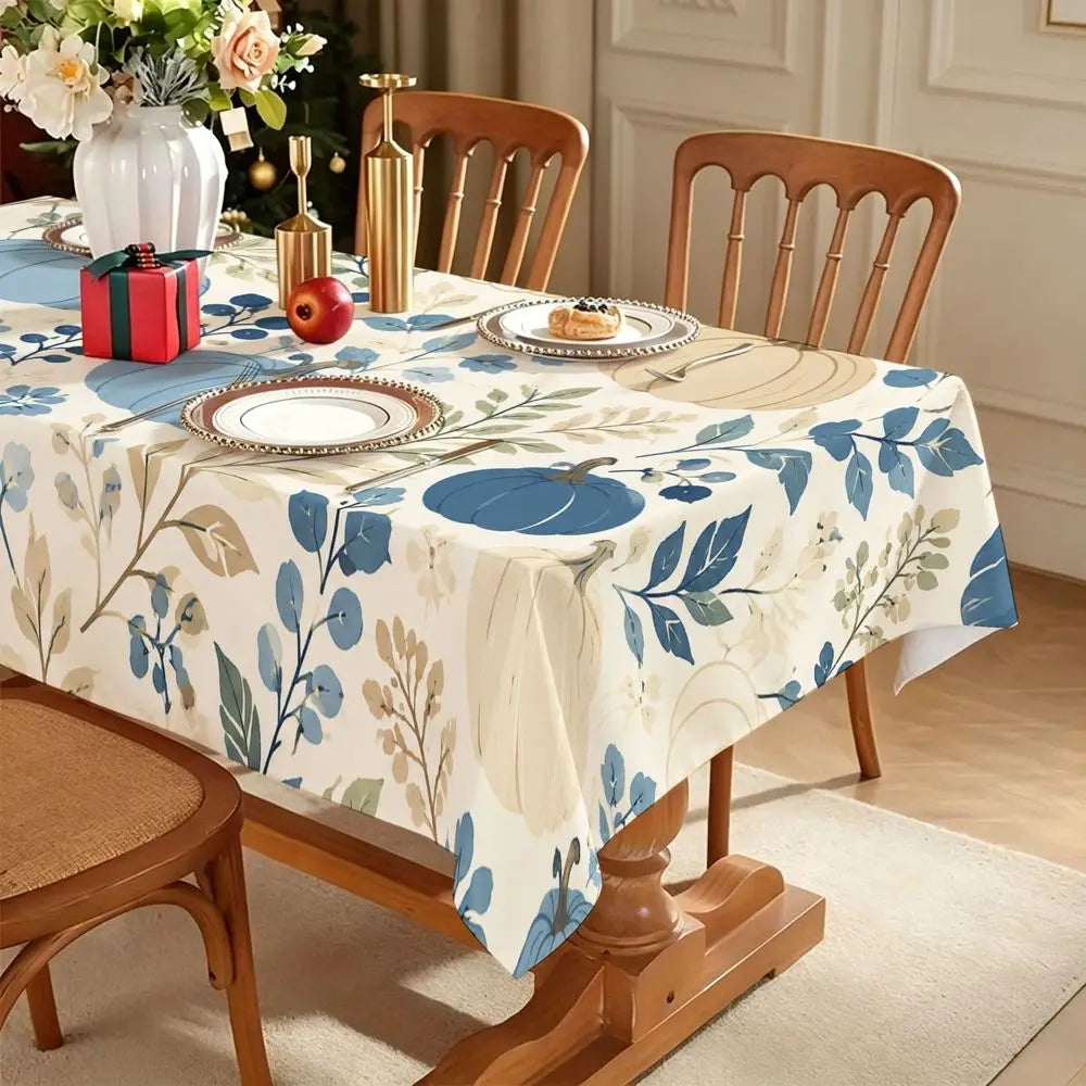 Fall Harvest Dining Tablecloth - Blue Pumpkins And Floral Pattern, Cream Farmhouse Style Decor, Durable Fabric, Rectangular, Suitable for Autumn Home Kitchen, Thanksgiving Dinner, Holiday Party, Dining Room Table Cover, Indoo