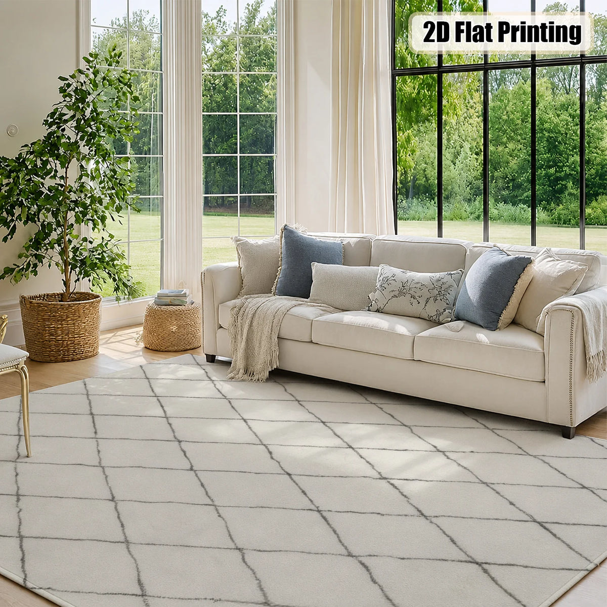 Large Indoor Area Rug, Soft Velvet Low Pile with Non-Slip Dotted Backing, Machine Washable, White Dark Gray Diamond Grid Pattern for Living Room, Bedroom Home Floor Decoration
