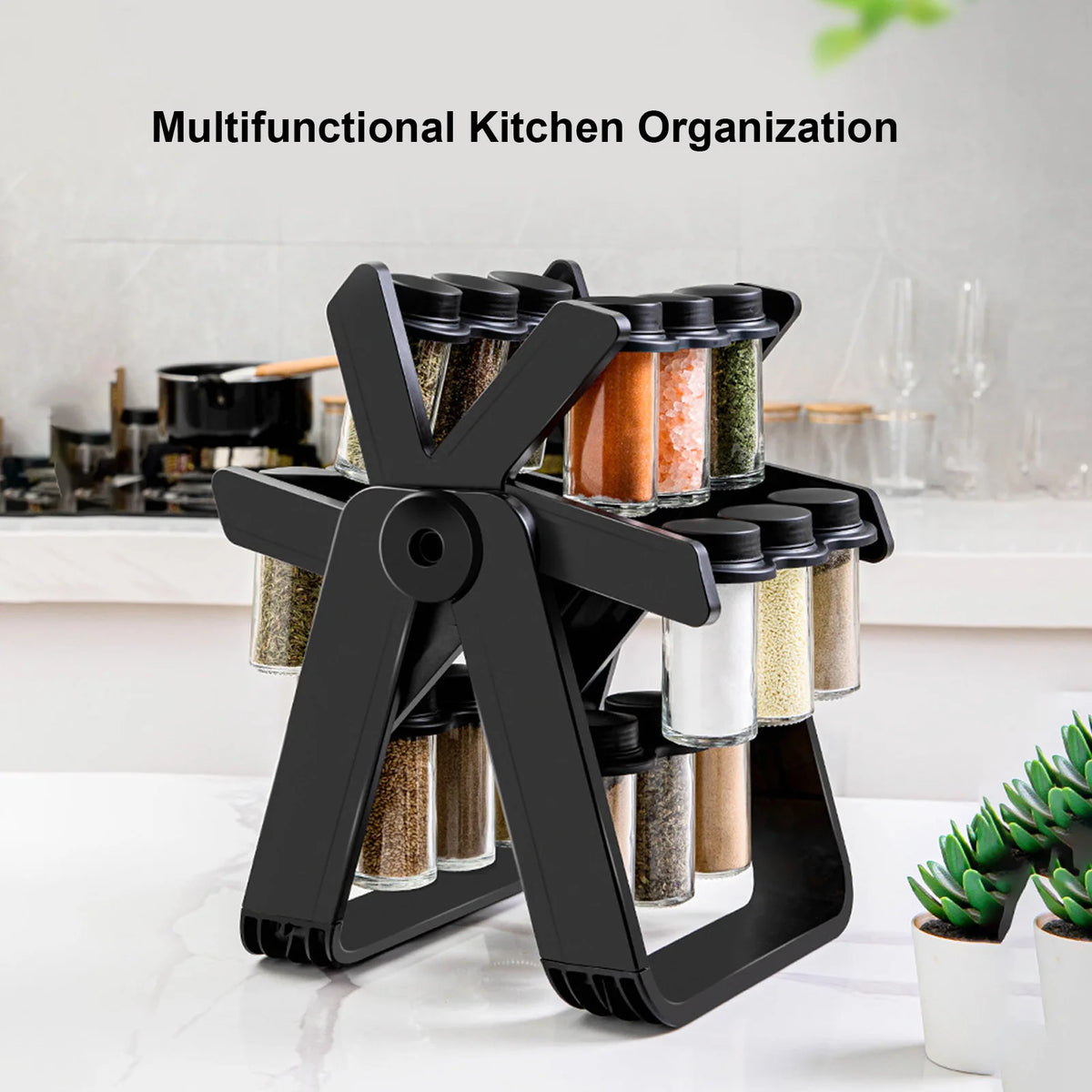18 Jar Glass Spice Carousel Organizer 360° Revolving Spice Rack w Labels and Collapsible Funnel Space Saving Black Spice Holder