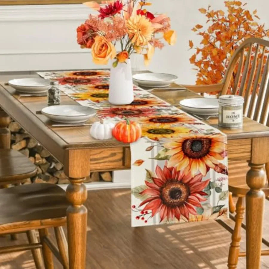 Sunflower Maple Leaves Fall Table Runner, Seasonal Autumn Kitchen Dining Table Holiday Thanksgiving Fall Decorations for Home P