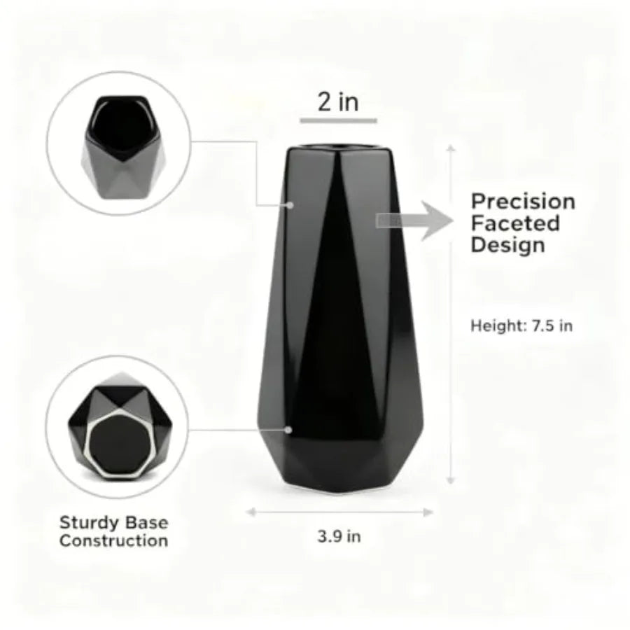 Modern Black Ceramic Vase, 7.5 Inch Geometric Flower vases, Minimalist Design for Table Shelf Centerpiece Home Decor Fit for Ho