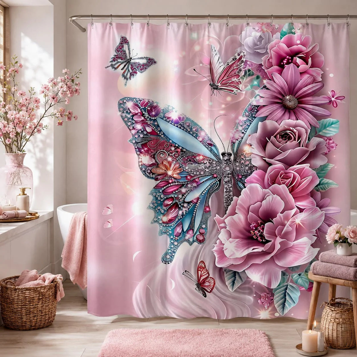 2D Flat, 2D Flat Shower Curtain, 1pc, Floral Butterfly Shower Curtain, Bathroom Decor Bathtub Partition Hanging Curtain, Includes 12 Hooks, Flower and Butterfly Design, Suitable for Elegant Home Decor, Suitable for Rooms, Hom