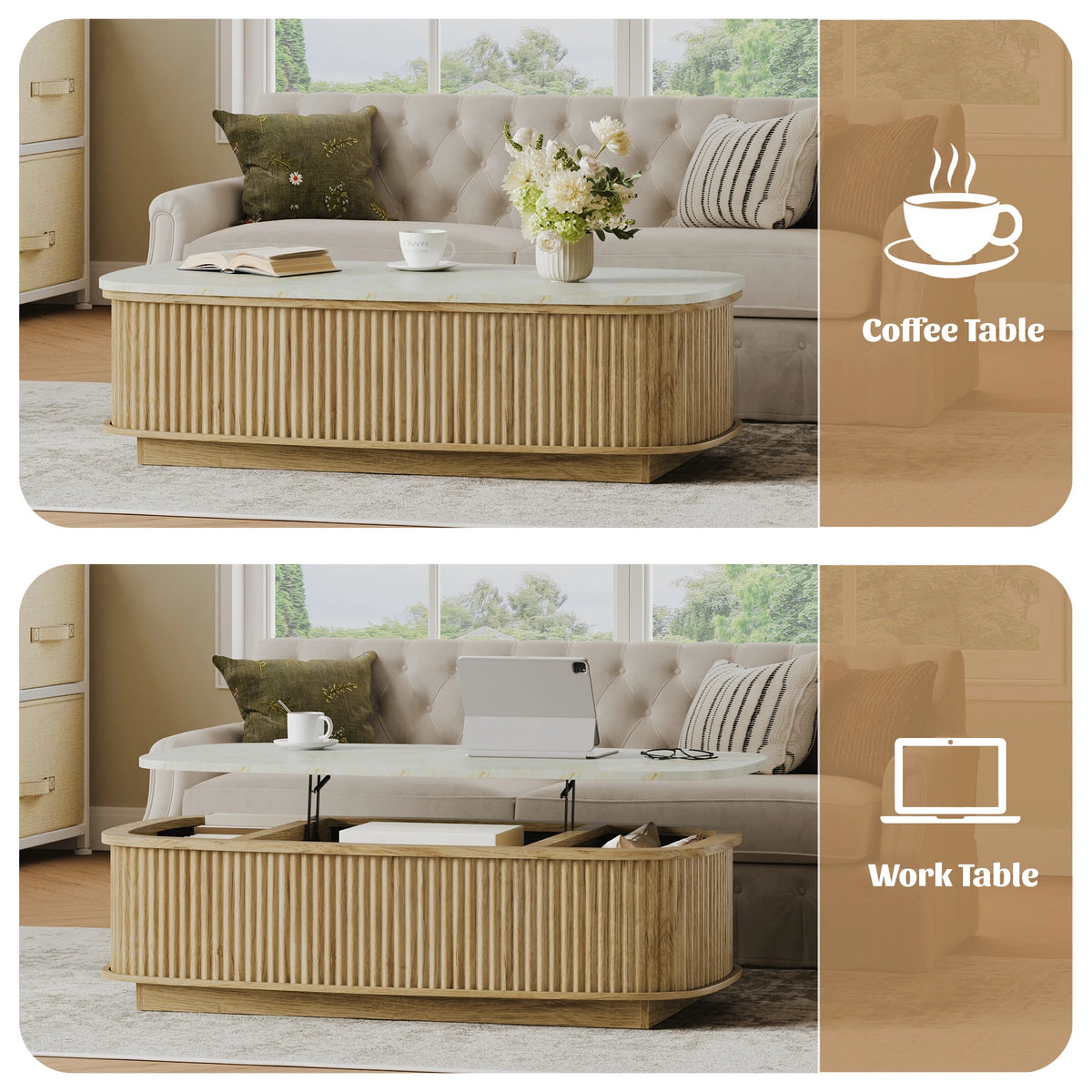 Oval Fluted Lift Top Coffee Table With Hidden Storage