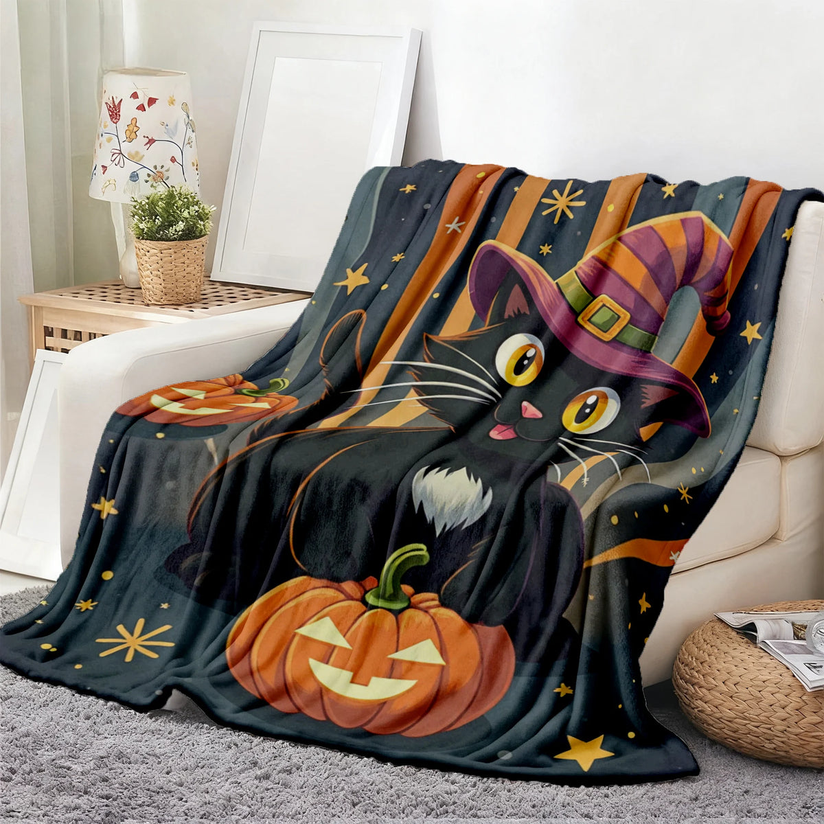 Whimsical Halloween Cat Flannel Blanket with Witch Hat And Jack-O'-Lanterns, Soft Warm Throw Featuring Orange And Blue Striped Background, Durable Machine Washable Home Decor for Autumn Festivities And Cozy Gifts