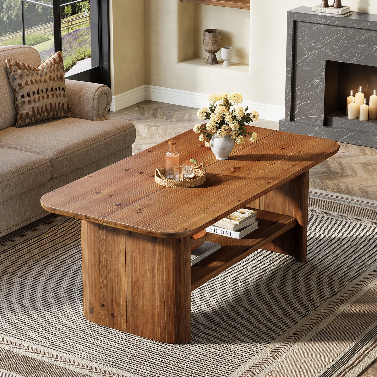 Tribesigns Farmhouse Solid Wood Coffee Table With Two Tier Storage
