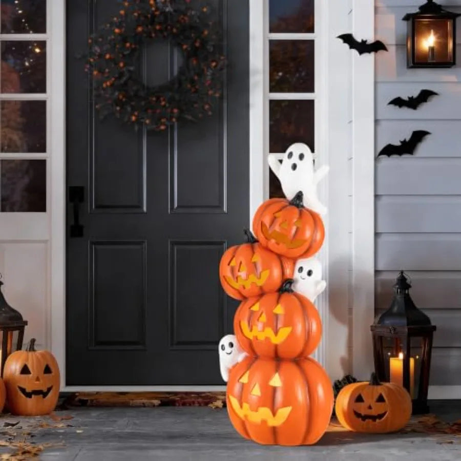 Halloween porch decor: lighted stacked jack-o-lantern statue, MGO material, orange and white, timer function for indoor/outdoor