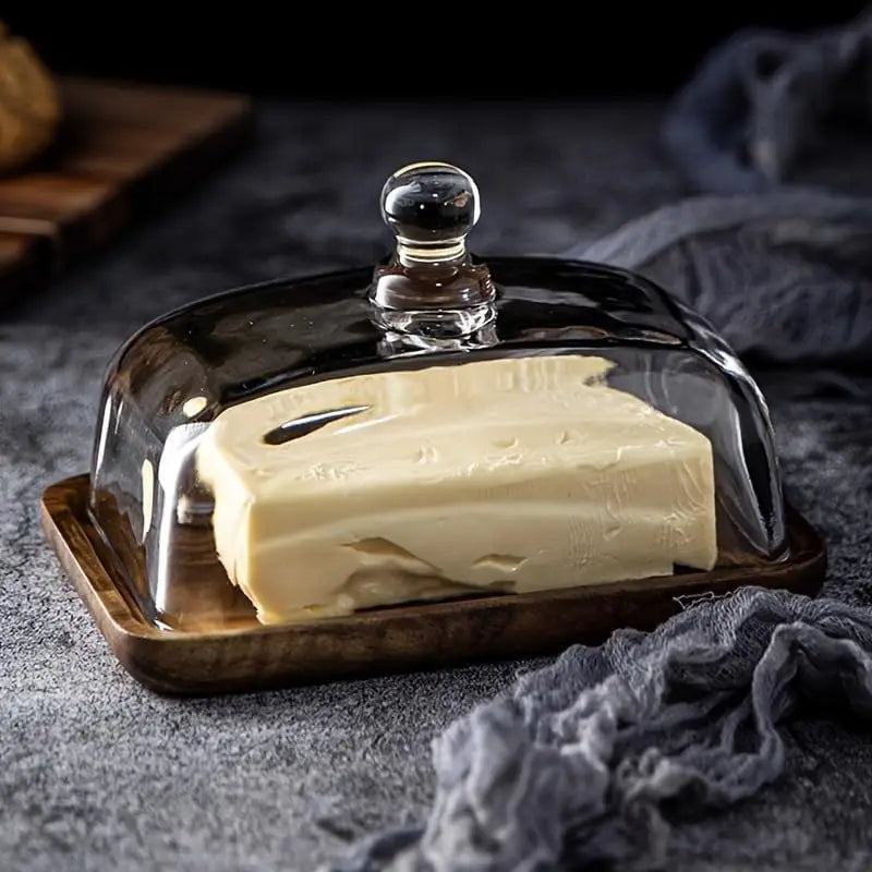 1PC Wooden Butter Dish with Clear Dome Vintage Multipurpose Dessert Pastry Snack Fruit Serving Display Plate