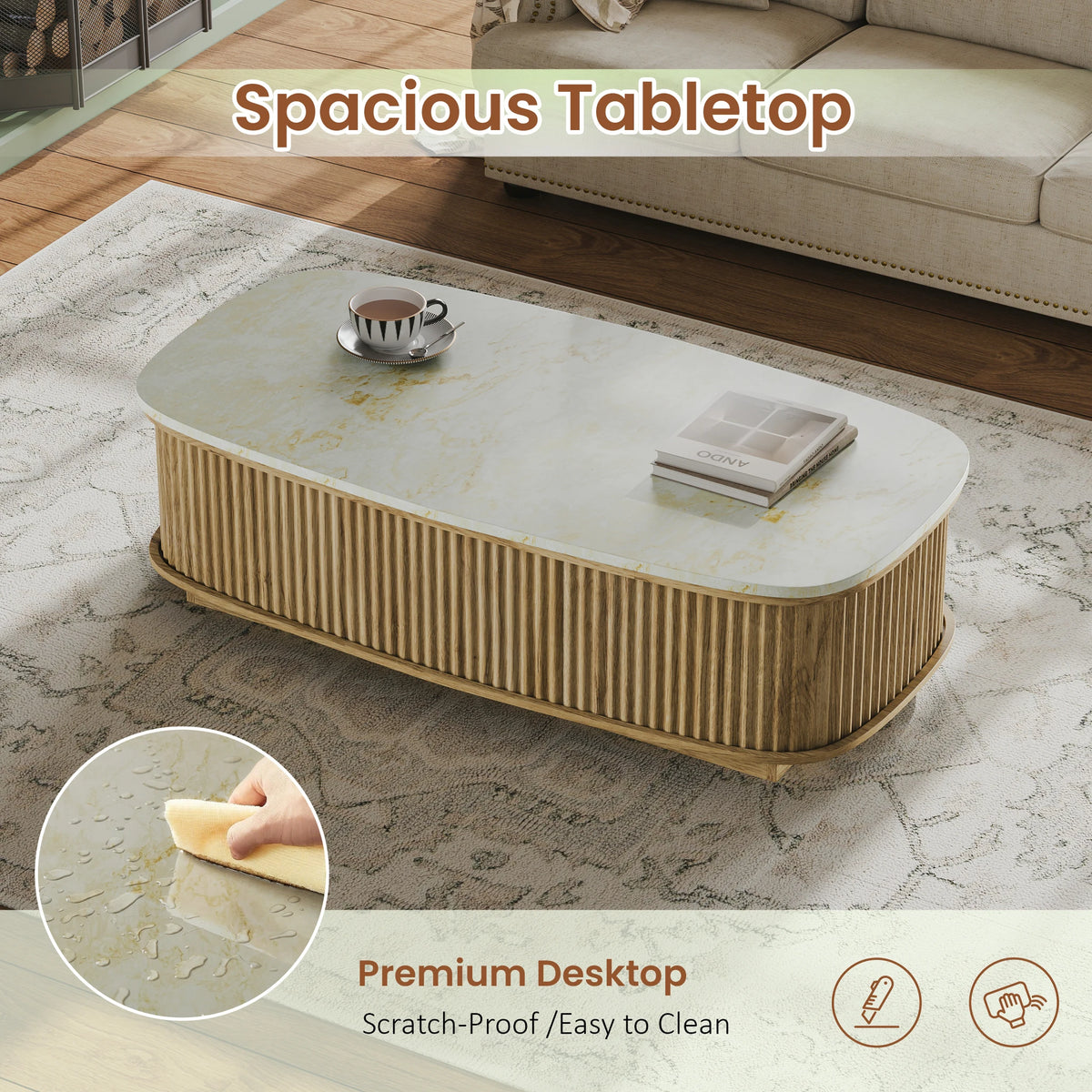 Oval Fluted Lift Top Coffee Table With Hidden Storage
