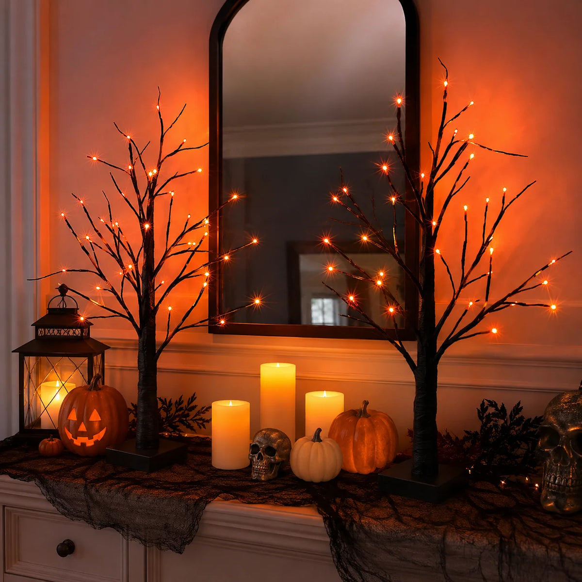Halloween Tree Lights, 2 Pack LED Orange Purple Halloween Decor 2 Pack Halloween Tree Lights with 48 LEDs, Orange & Purple Glow, USB and Battery Powered for Indoor Halloween Decorations