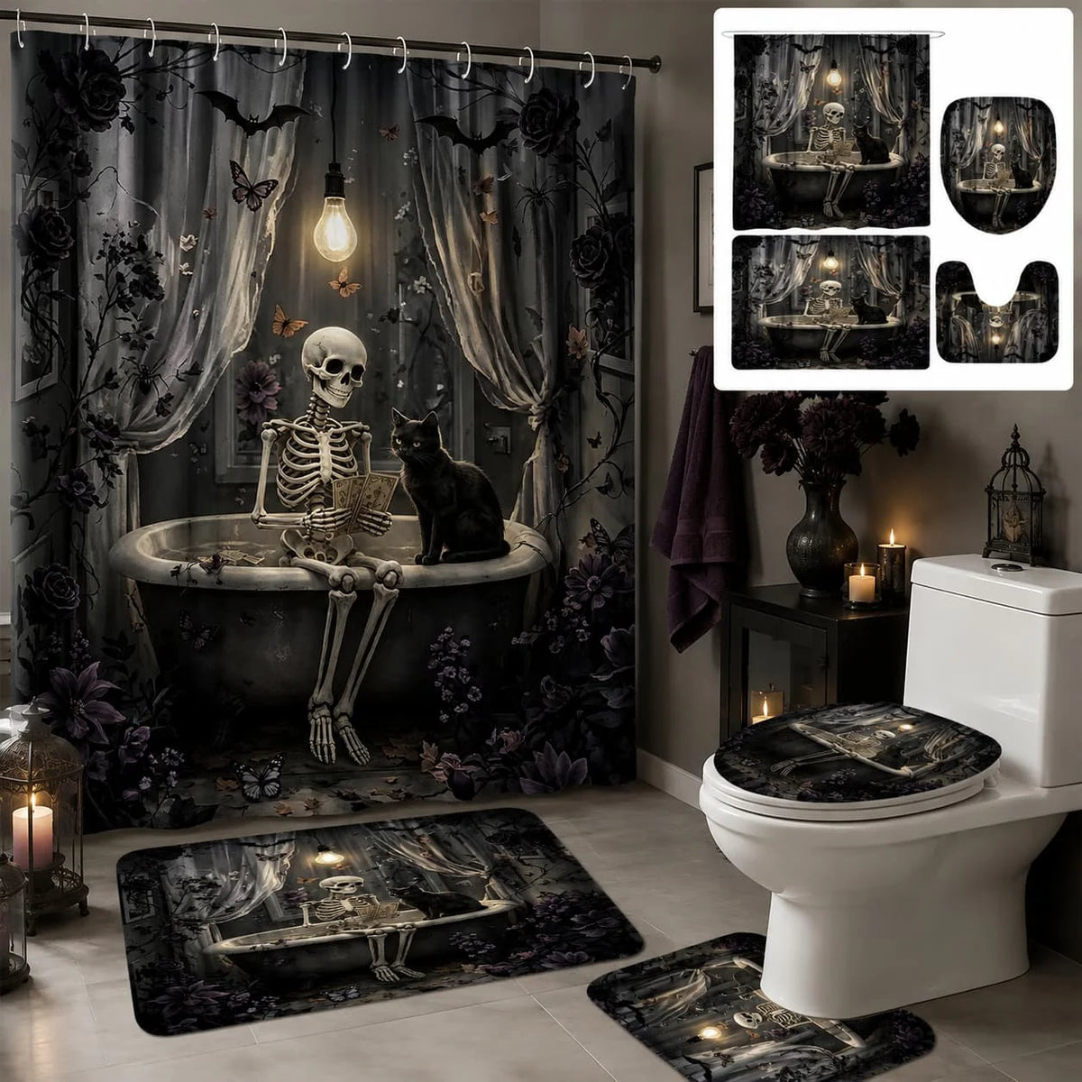 2D Flat, 4pcs Gothic 2D Bathroom Set, High-Quality Bathroom Decorations And Additions Including Non-Slip, U-Shaped, Toilet Seat, And Shower Curtain with 12 Hooks