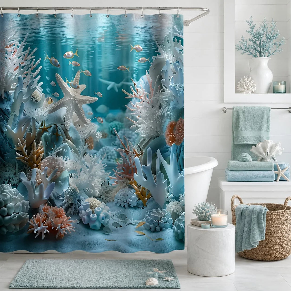 [Ocean Seashell Shower Curtain] 2 D Shower / Bath Curtain 1pc Ocean Seashell Starfish Coral Pattern Shower Curtain, Made of Durable Material, Multiple Sizes Available, Easy to Care For, with Hooks, Machine Washable, Perfect f
