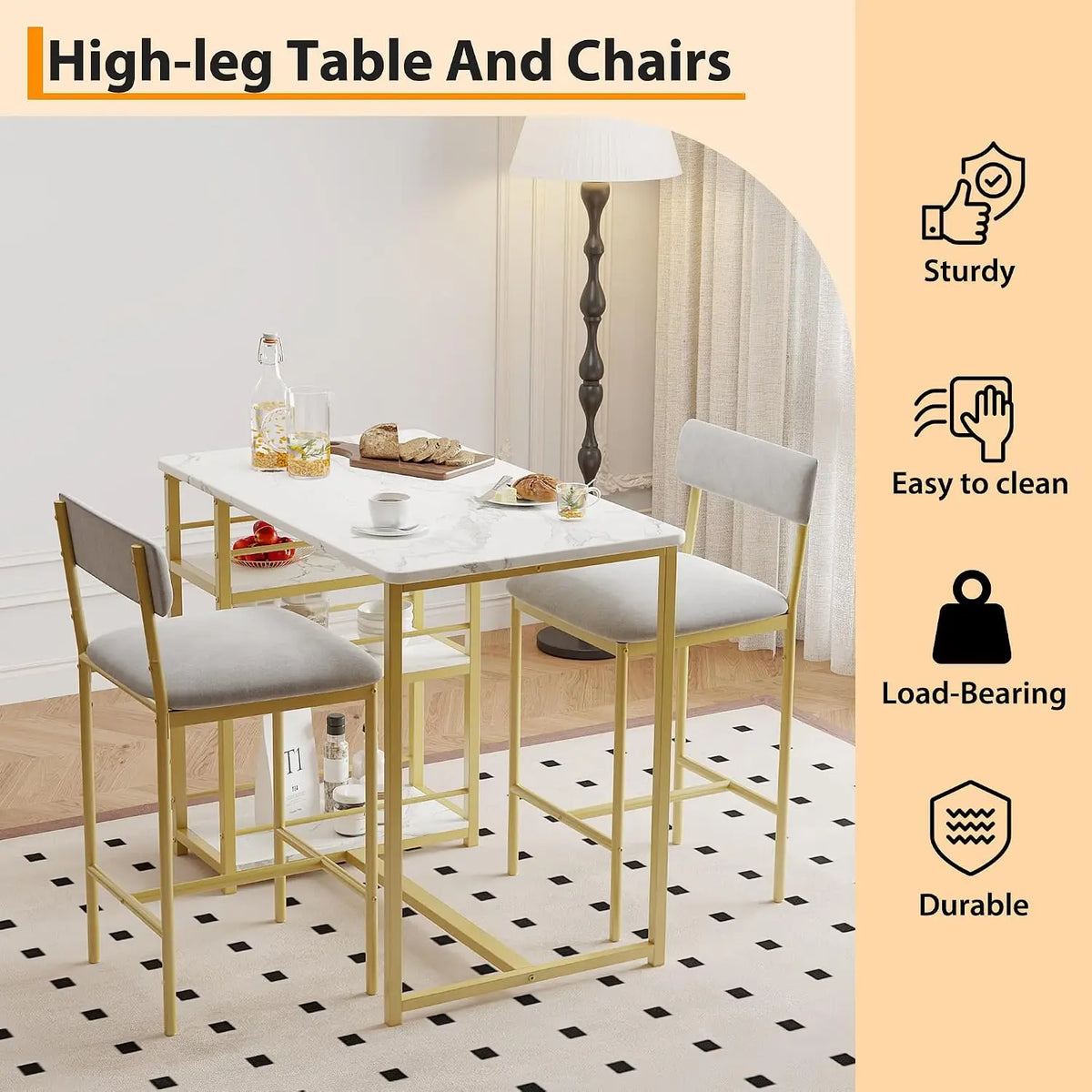 Garvee Dining Table Set 2 Chairs Modern Household Dining Room Furniture Stable Bar Table and Chairs Set for Apartment Home Dining Furniture