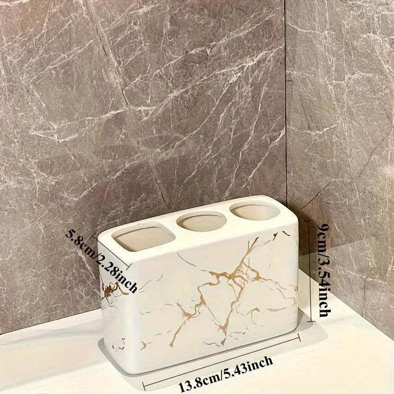 Ceramic Toothbrush Holder with Golden Marble End - 3-Slot Textured Bathroom Organizer, Rustproof Base for Countertop, Toothpaste And Brushes Storage Set