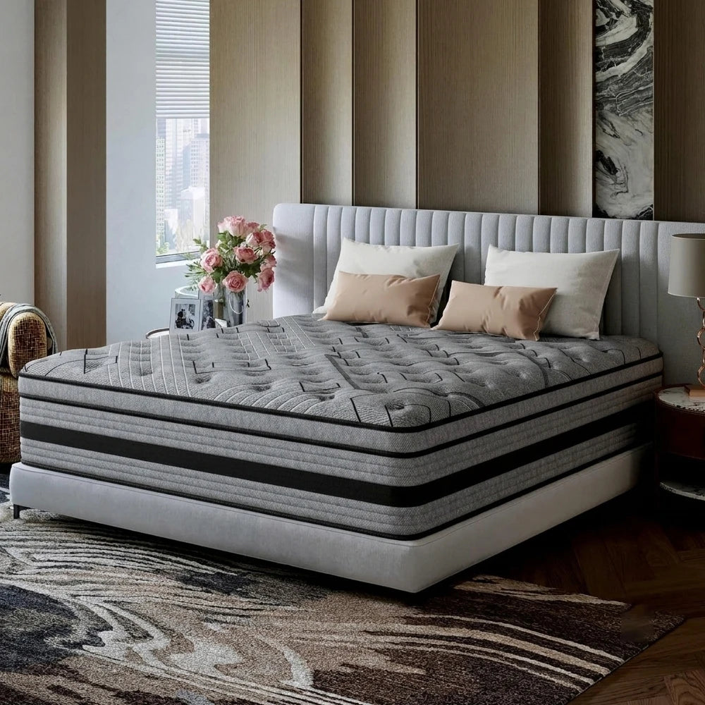 12/ 14inch Foam and Spring Hybrid Mattress, Medium Firmness, Available in Full, Queen, and King Sizes, Gel Memory Foam for Lumbar Support, Boxed Mattress