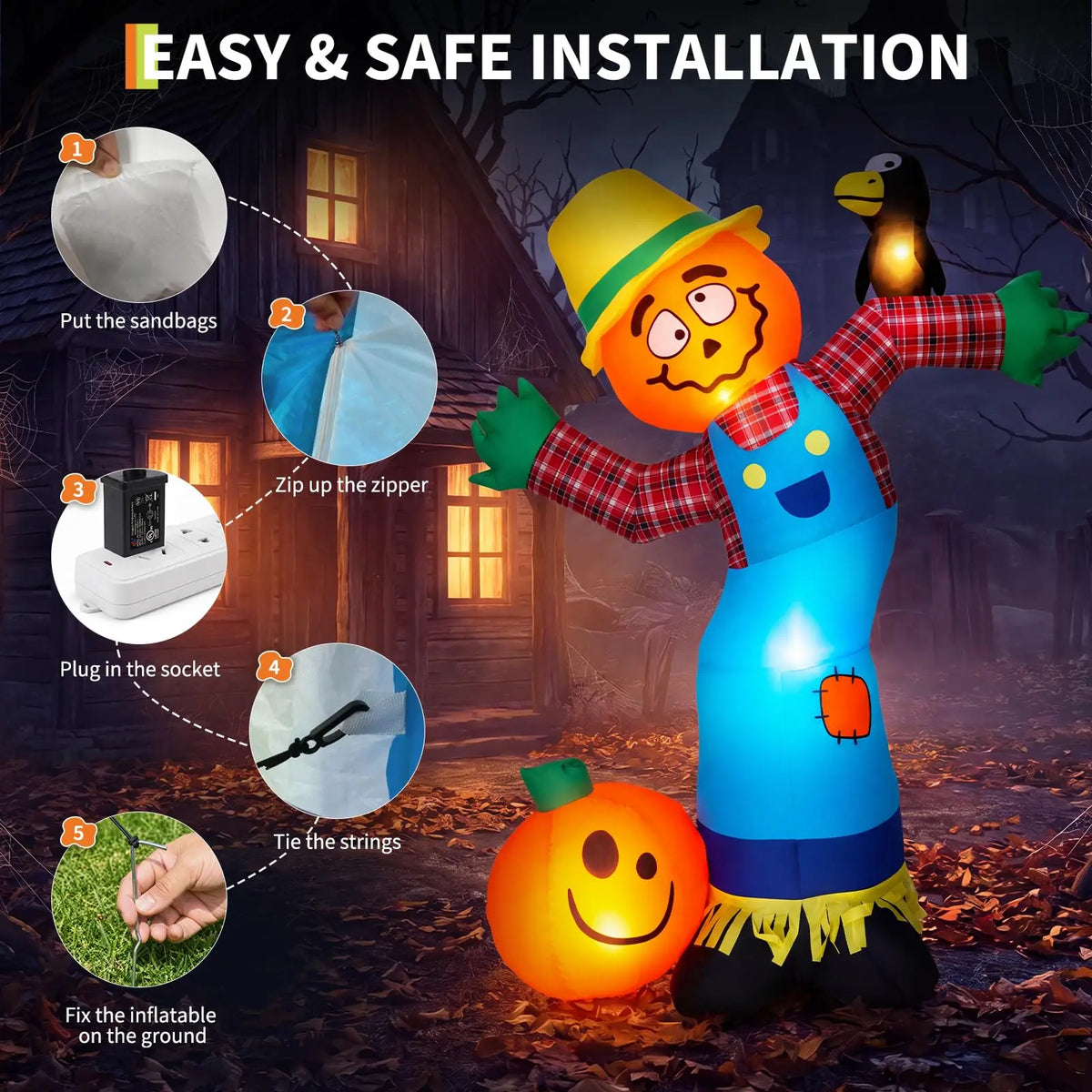 6ft Halloween Pumpkin Scarecrow Inflatable Outdoor Yard Decor With 7 Led Lights, Blower, Stakes & Ropes For Lawn Porch Garden Party