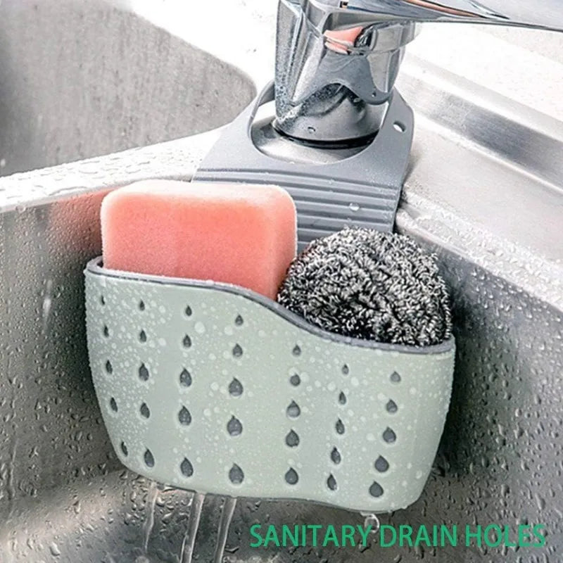Kitchen Sink Caddy Sponge Holder Silicone Plastic Soap Holder Hanging Ajustable Strap Faucet Caddy with Drain Holes for Drying