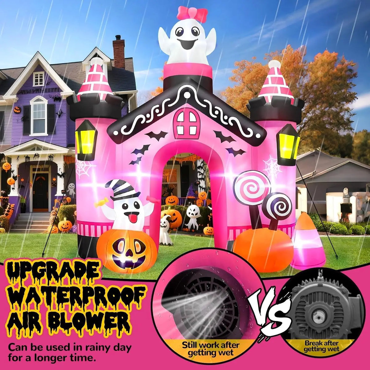 11 FT Halloween Inflatables Ghost Archway Outdoor Decor, Pink Castle Blow Up Yard Decoration with Built-in Lights, Scary Inflatable for Yard, Garden, Lawn, Indoor & Outdoor Use