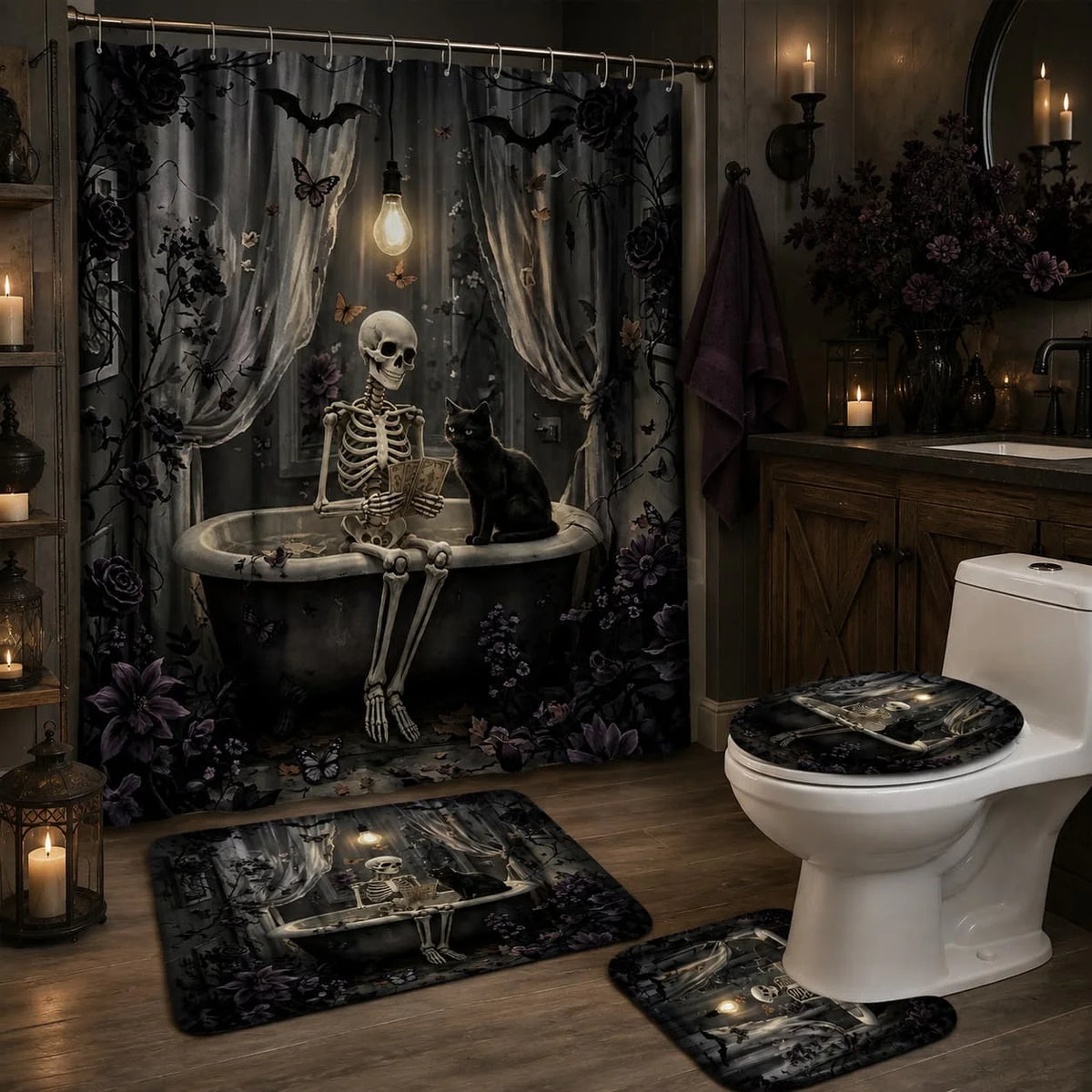 2D Flat, 4pcs Gothic 2D Bathroom Set, High-Quality Bathroom Decorations And Additions Including Non-Slip, U-Shaped, Toilet Seat, And Shower Curtain with 12 Hooks