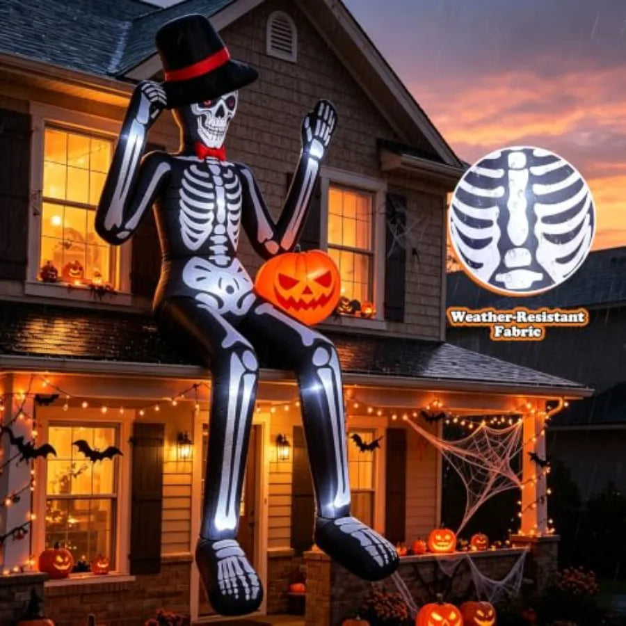 Halloween outdoor blow up decor: 12FT sitting skeleton with pumpkin, PVC material, black/white, built-in LEDs, quick inflation