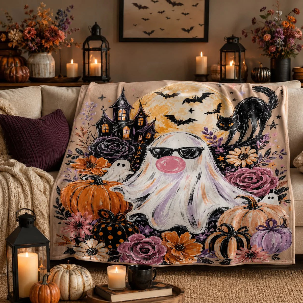 Ghost Blowing Bubble Gum Blanket, Cute Halloween Blanket, Girly Haunted House Throw, Brushstroke Floral Fall Blanket, Spooky Gift