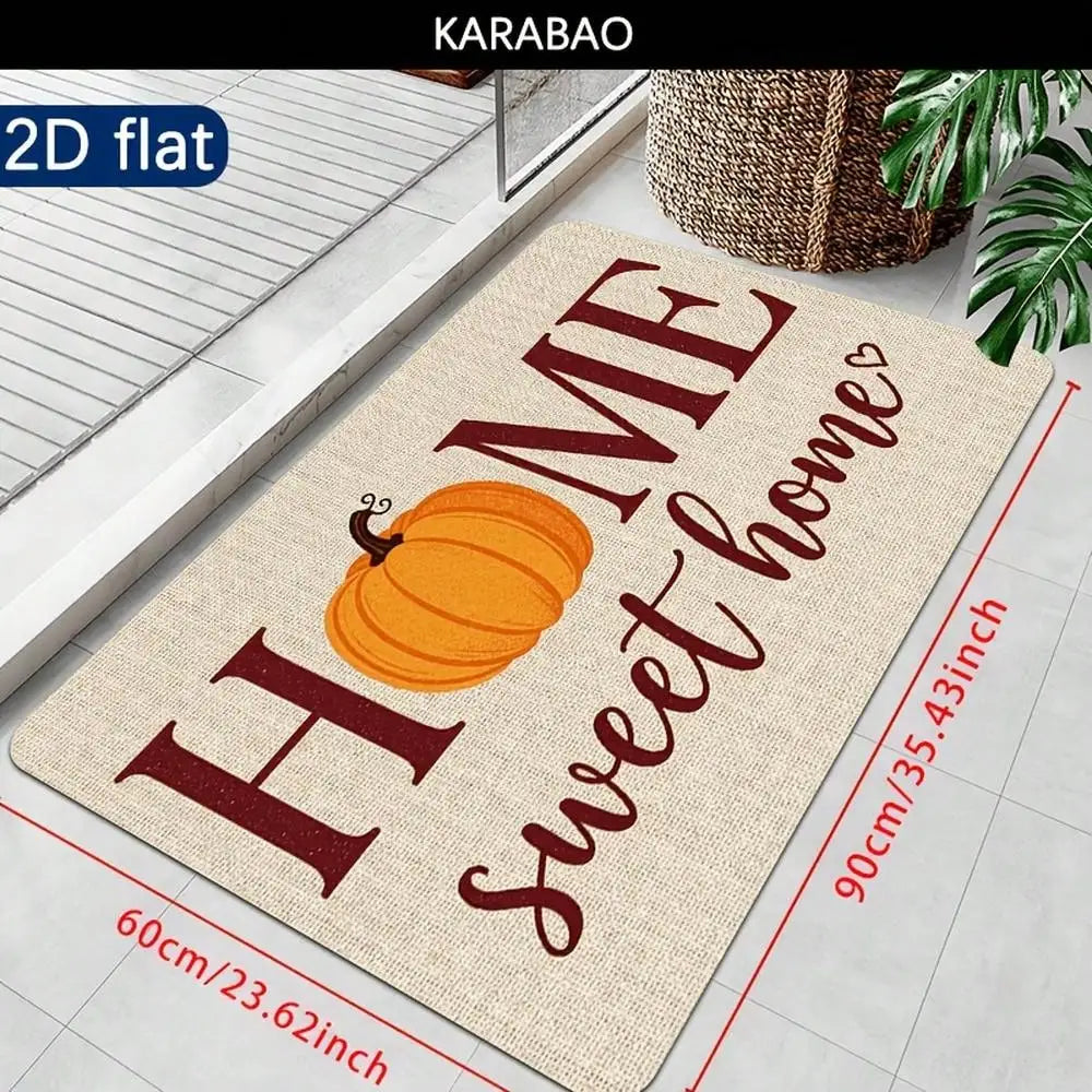 2D Flat, 1pc Autumn Pumpkin Theme "HOME Sweet Home" Cozy Doormat, Beige Fabric With Orange Pumpkins And Burgundy Lettering, Suitable For Doorway Decoration