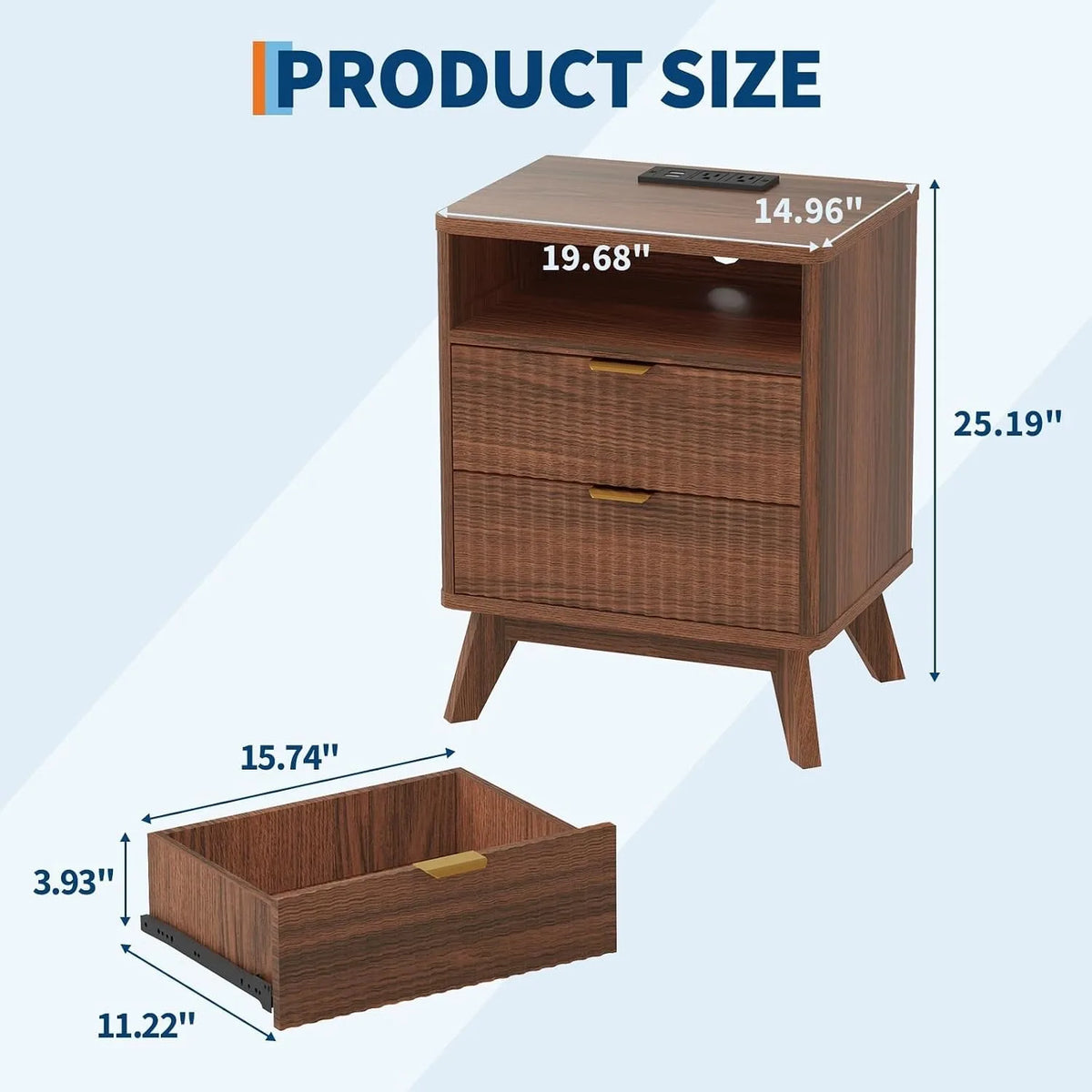 Walnut Nightstand with Drawer and Open Shelf USB Charging Station Bedside Table with AC Outlets Fluted Wood Side Table Storage Cabinet for Bedroom Living Room Sofa