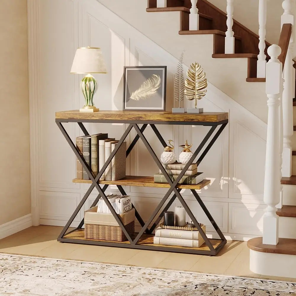3-Tier Console Table, Slim Entryway Sofa Table with x-Shaped Metal Legs, Open Storage Shelves, for Living Room/Hallway, Rustic Farmhouse Style